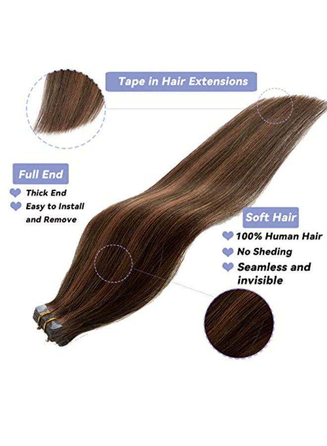 Smavida Highlighted Tape in Hair Extensions Medium Brown with Medium Auburn Mixed 100 Real Human Hair Extensions Tape ins Seamless Silky Straight Brown Highlights Hair Extensions 20Inch 50grams20pcs - Image 4