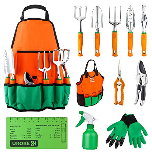 UKOKE Garden Tool Set, 12 Piece Aluminum Hand Tool Kit, Garden Canvas Apron with Storage Pocket, Outdoor Tool, Heavy Duty Gardening Work Set with Ergonomic Handle, Gardening Tools for women men - Image 1