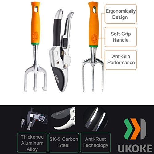 UKOKE Garden Tool Set, 12 Piece Aluminum Hand Tool Kit, Garden Canvas Apron with Storage Pocket, Outdoor Tool, Heavy Duty Gardening Work Set with Ergonomic Handle, Gardening Tools for women men - Image 3