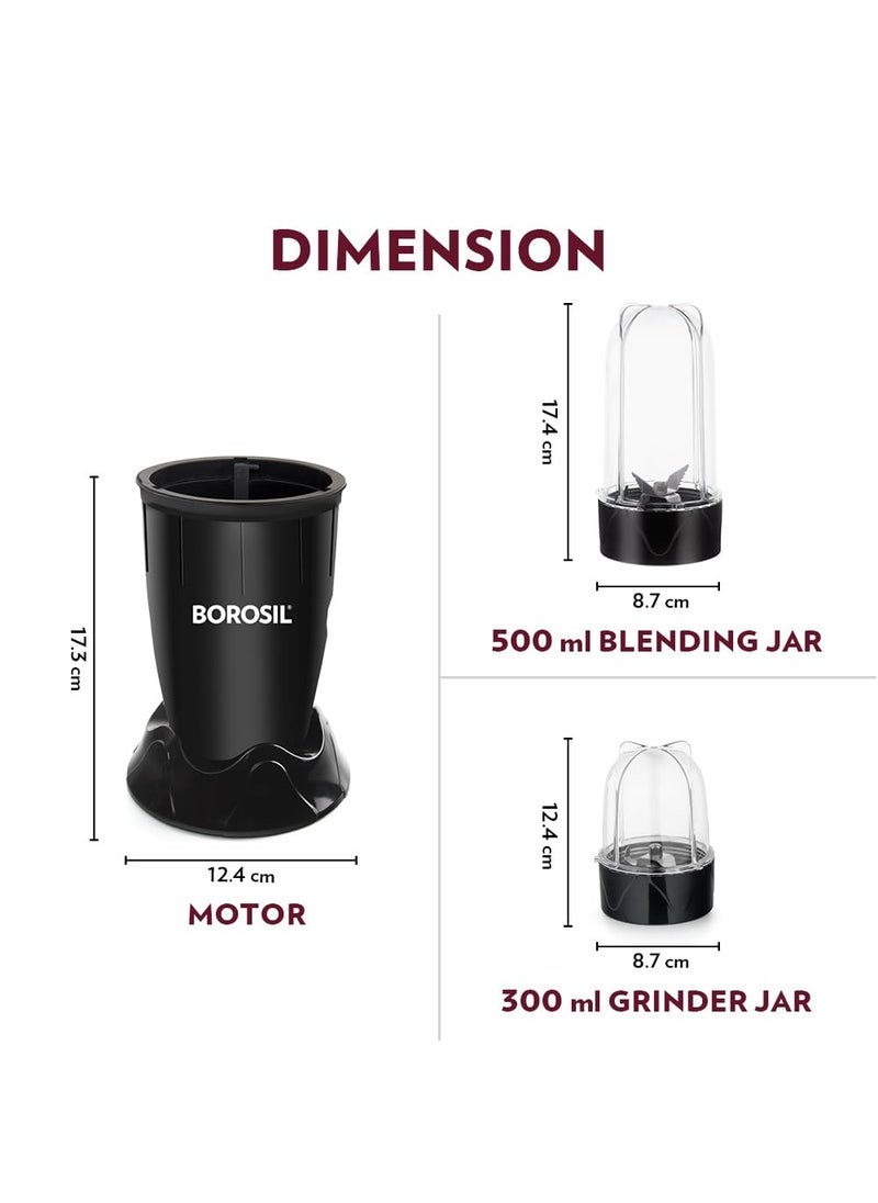 BOROSIL Borosil NutriFresh Portable Mini-Blender & Grinder, 500 ml Blending Jar, 300 ml Chutney Jar, For Blending Smoothies & Chutneys, Dry Grinding Spices, Black, 400 W  - Image 3