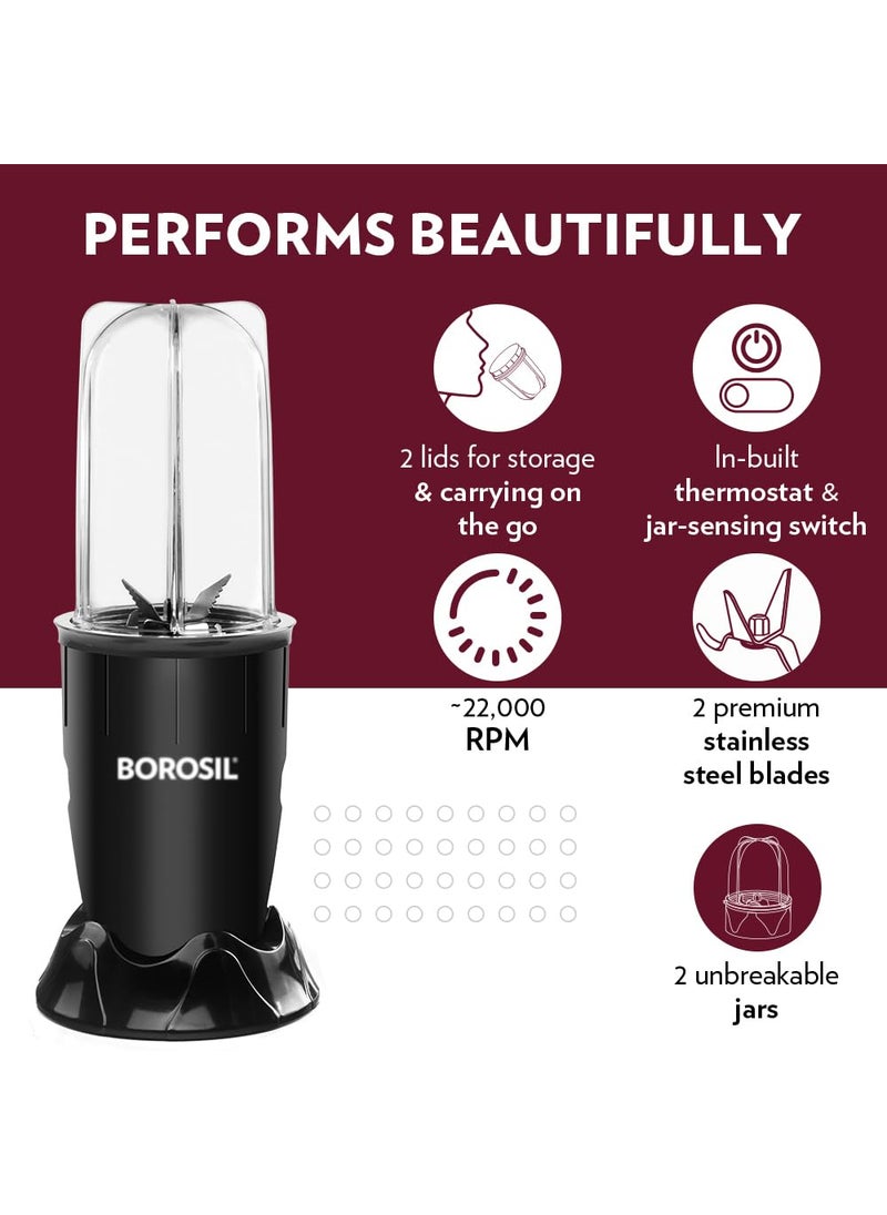 BOROSIL Borosil NutriFresh Portable Mini-Blender & Grinder, 500 ml Blending Jar, 300 ml Chutney Jar, For Blending Smoothies & Chutneys, Dry Grinding Spices, Black, 400 W  - Image 4