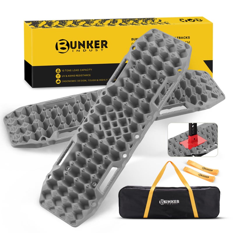 BUNKER INDUST Offroad Traction Boards with Jack BasePair Recovery Track 4X4 Jeep Truck Emergency Tire Traction Mat with Bag Sand Mud Snow Tracks Grey Traction Pad Gen 7th