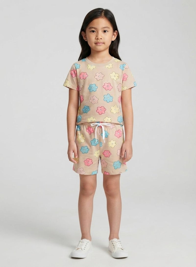 babyqlo Girls Beige Pastel Flower Print Co-ord Set - Image 1