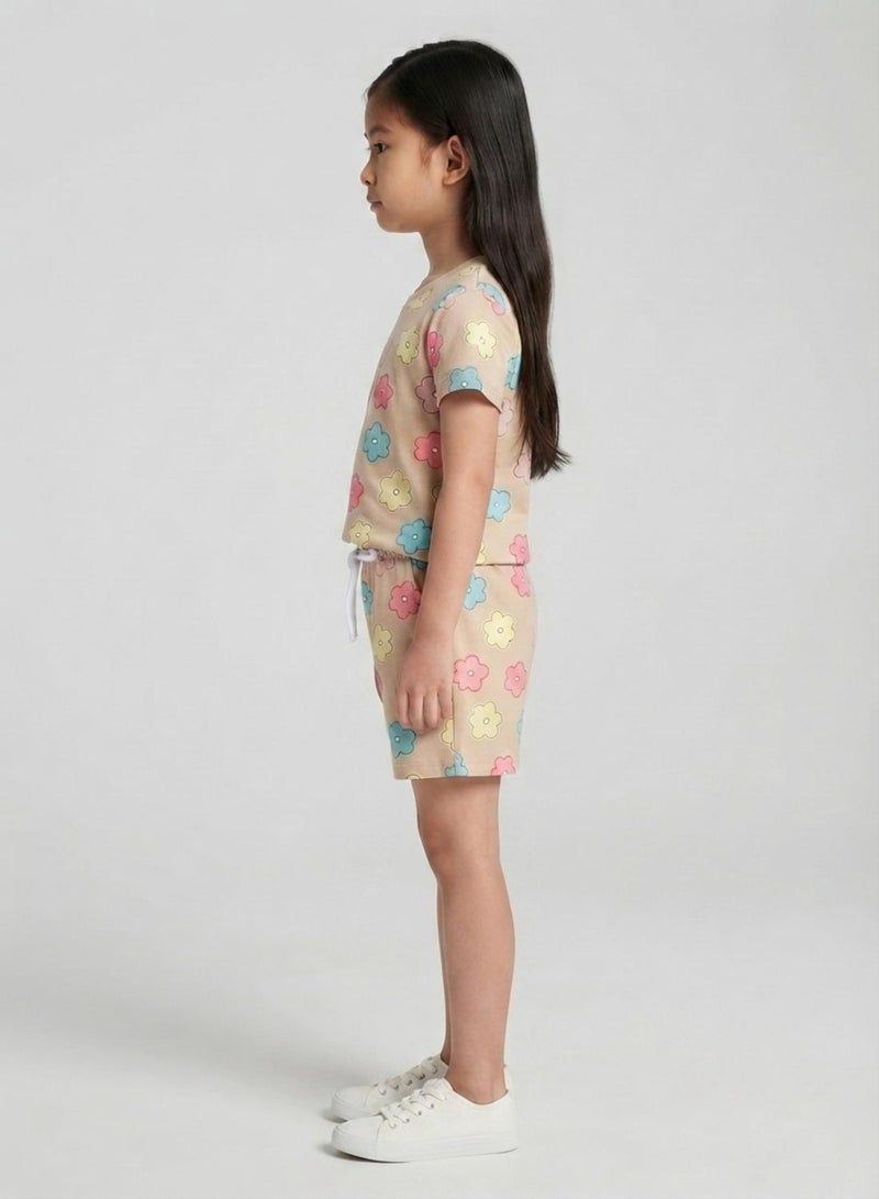 babyqlo Girls Beige Pastel Flower Print Co-ord Set - Image 3