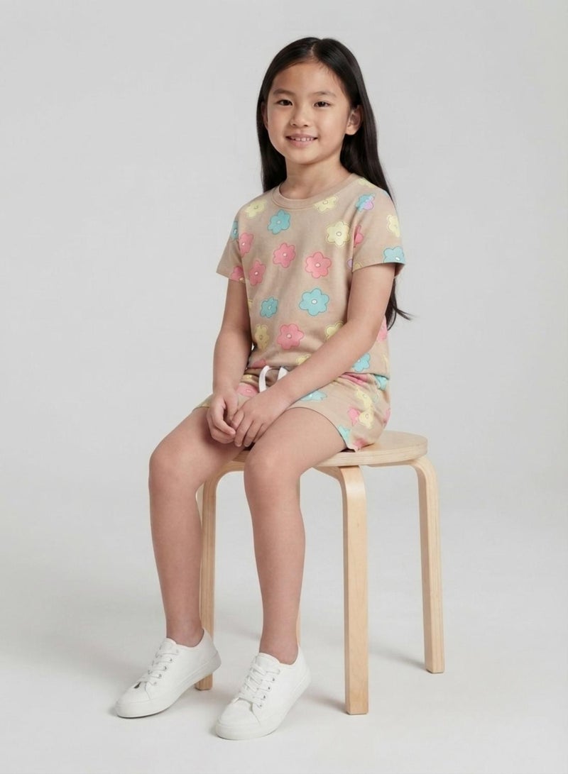 babyqlo Girls Beige Pastel Flower Print Co-ord Set - Image 4