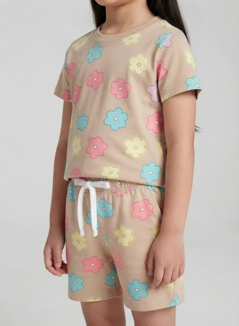 babyqlo Girls Beige Pastel Flower Print Co-ord Set - Image 5