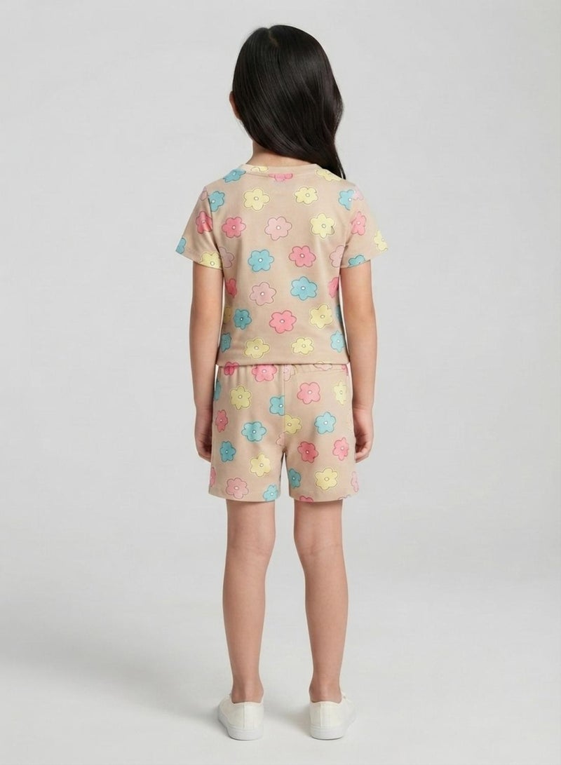 babyqlo Girls Beige Pastel Flower Print Co-ord Set - Image 2
