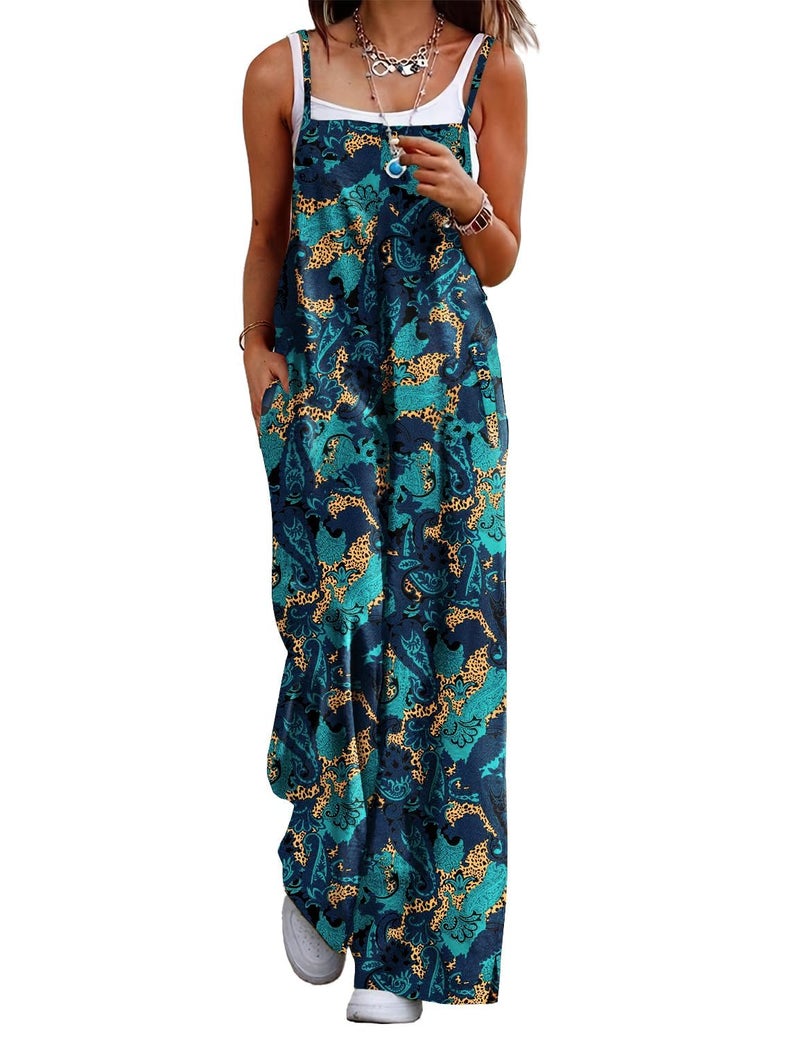 YESNO Women's Summer Boho Cotton Casual Jumpsuits Wide Leg Overalls Floral Print Baggy Rompers with Pockets XL PZZCR 438 - Image 1