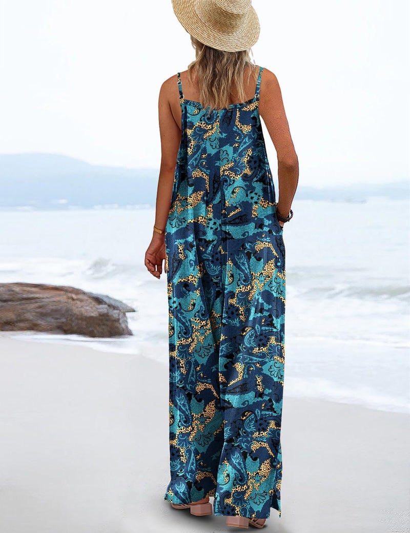 YESNO Women's Summer Boho Cotton Casual Jumpsuits Wide Leg Overalls Floral Print Baggy Rompers with Pockets XL PZZCR 438 - Image 3
