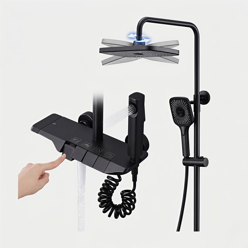 Luxury Rain Shower Mixer Set for Wall - Complete Shower Set with Modern Design - Powerful Rain Flow - Elegant Color - with Overhead Shower Head + Handset + Bathtub Outlet (Black)