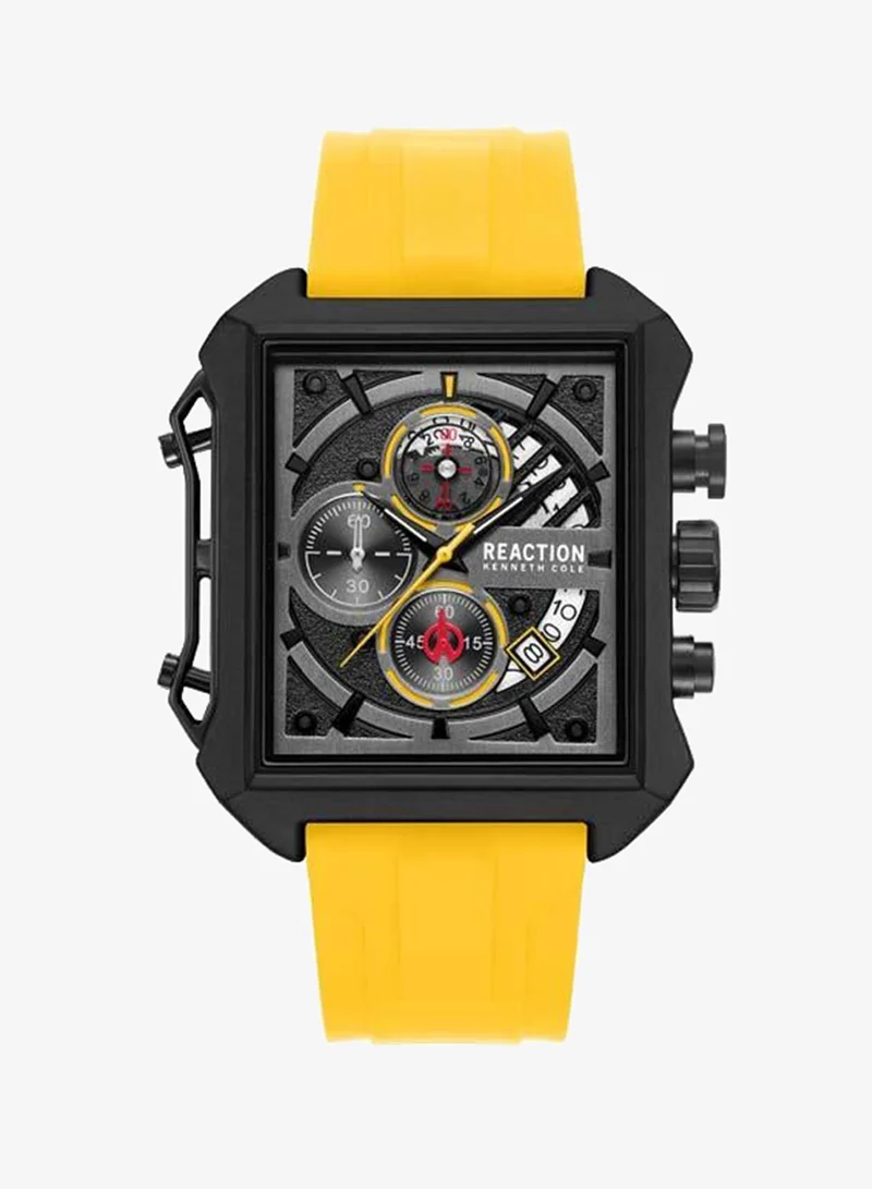 Kenneth Cole Reaction Black Dial Yellow Silicone Strap Chronograph Watch for Men, 52.5mm