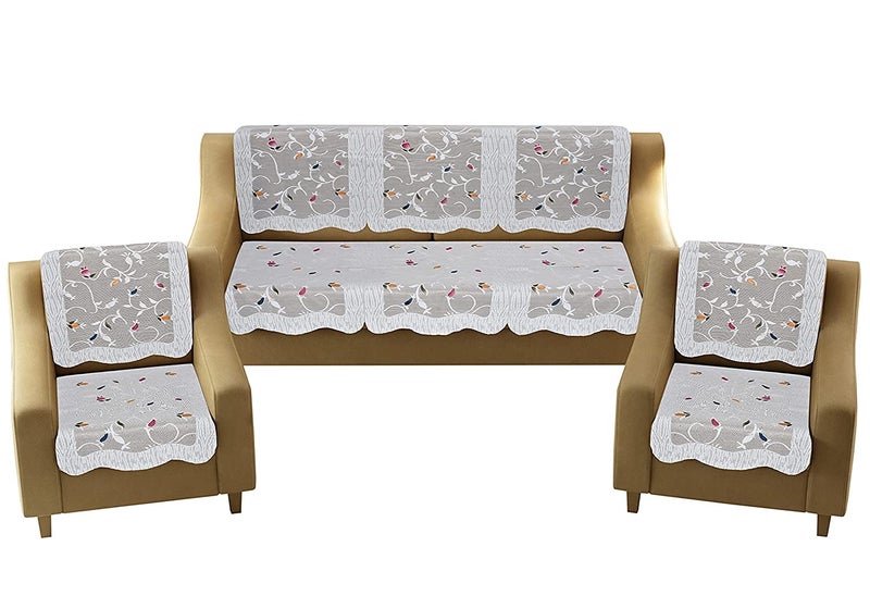 HOMECROWN Net Fabric Floral Leaf Print Design 5 Seater Sofa Cover Beautiful Cotton Sofa Cover 3 Seater and 2 seaters White 69 x 178 cm - Image 2