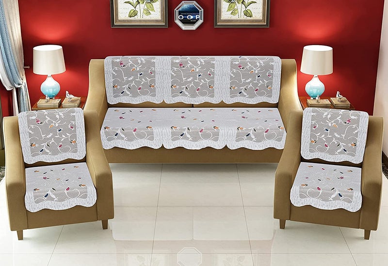 HOMECROWN Net Fabric Floral Leaf Print Design 5 Seater Sofa Cover Beautiful Cotton Sofa Cover 3 Seater and 2 seaters White 69 x 178 cm - Image 1