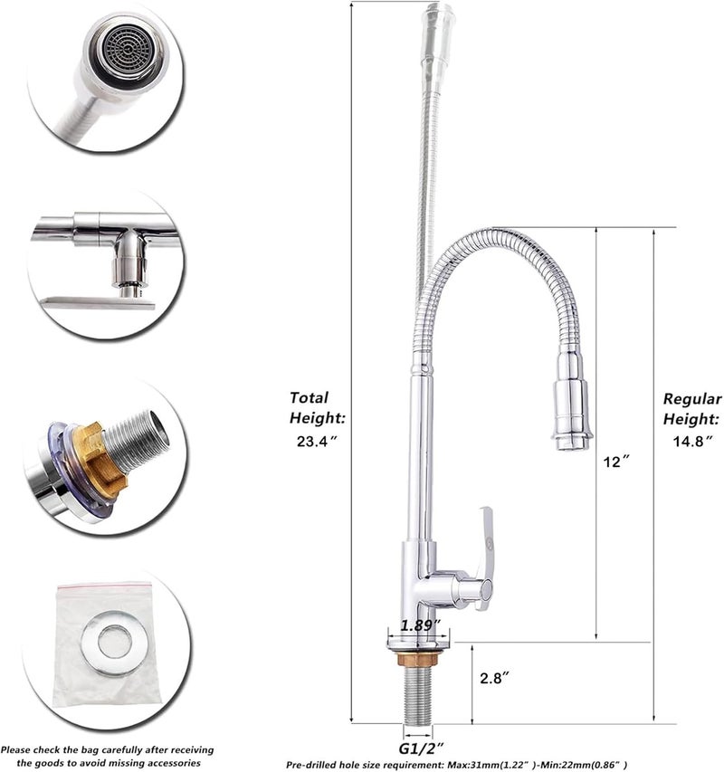 Inchant Outdoor Kitchen Sink Faucet - 360° Rotatable Single Hole Single Handle Cold Water Kitchen Faucet Flexible Neck Laundry Room Tap Bar Garden Outdoor Faucet, Deck Mount Chrome Finish - Image 4