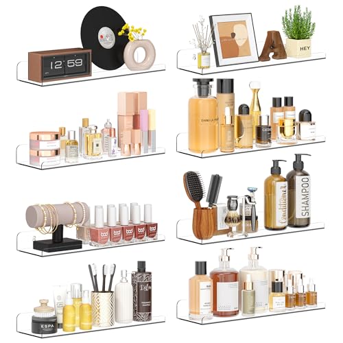 Qukaka Floating Shelves for Wall Decor, 15" Extra Clear Wall Shelves for Bedroom, Living Room, Kitchen, Bathroom Decor, Nail Polish/Book/Decoration/Makeup/Perfume Organizer Floating Shelf-8Pack - Image 1