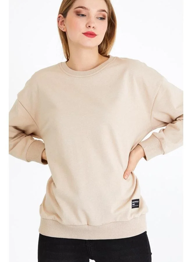 Mmetalic Women’s Beige Basic Crew Neck Sweatshirt