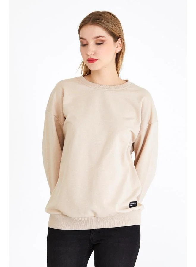 Mmetalic Women’s Beige Basic Crew Neck Sweatshirt