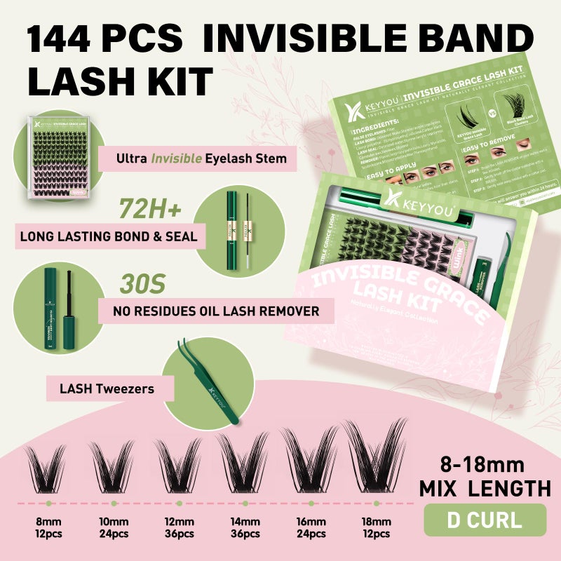 KEYYOU Fairy Wink Lash Clusters Kit Lash Extension Kit D Curl 144Pcs Eyelash Extension Wispy Natural Invisible Band with Waterproof DIY at Home(Fairy Wink-D-8-18MIX) - Image 2