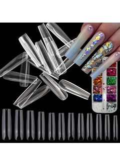 LoveOurHome Acrylic Nail Tips Kit 240pc Extra Long Square Fake Nails XL Full Cover Artificial Manicure Fingernails Design False Nails with Glitter Flakes Decor for Salon and Home DIY