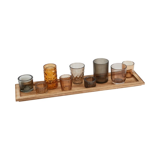 WOOD TRAY WITH 9 BROWN GLASS VOTIVE HOLDERS SET OF 10 PIECES