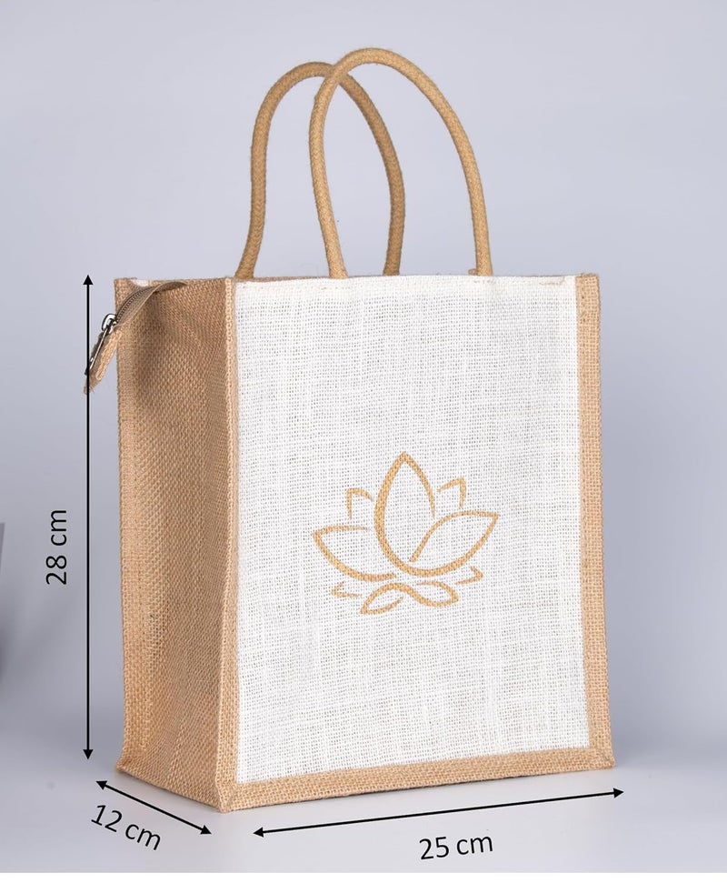 SOMAN Jute Ecofriendly Return Gift Bags Lotus with Zip White Natural Pack of 10 Bags - Image 2