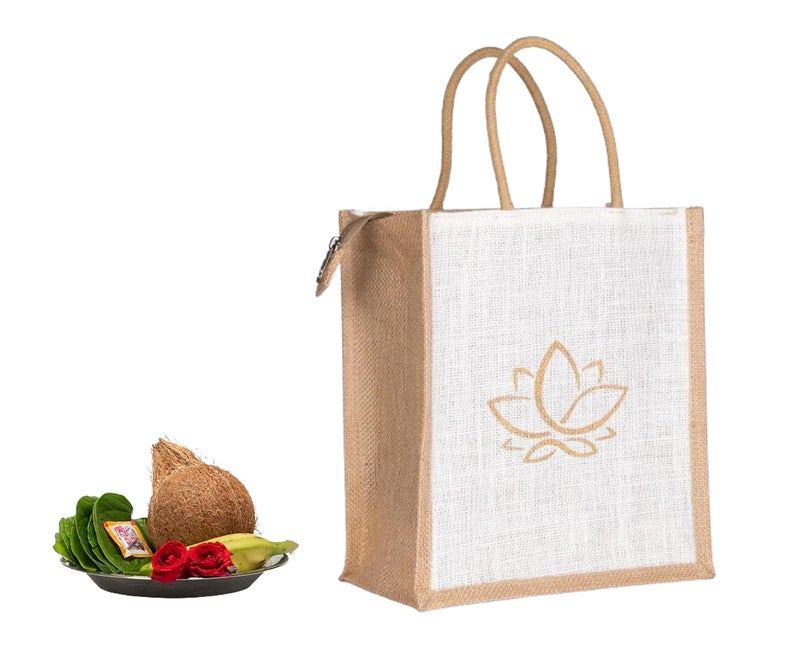 SOMAN Jute Ecofriendly Return Gift Bags Lotus with Zip White Natural Pack of 10 Bags - Image 4