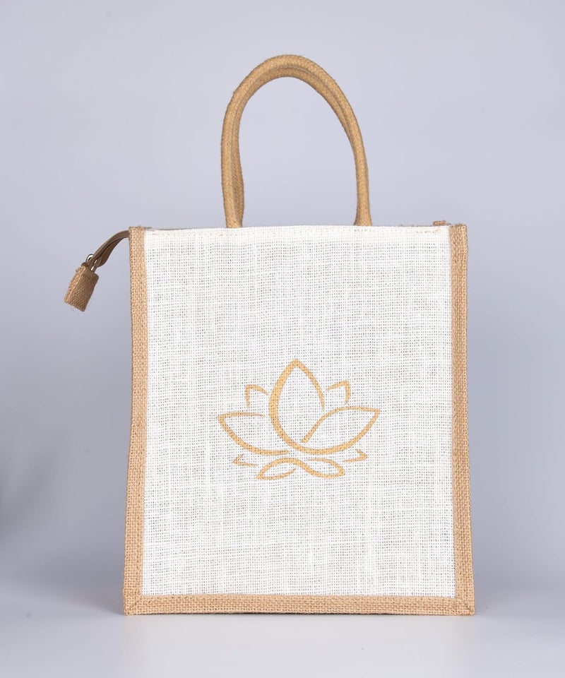 SOMAN Jute Ecofriendly Return Gift Bags Lotus with Zip White Natural Pack of 10 Bags - Image 3
