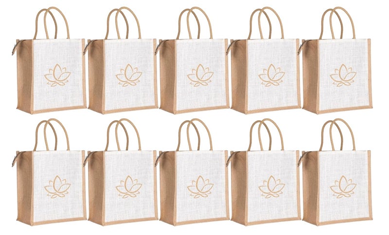 SOMAN Jute Ecofriendly Return Gift Bags Lotus with Zip White Natural Pack of 10 Bags - Image 1