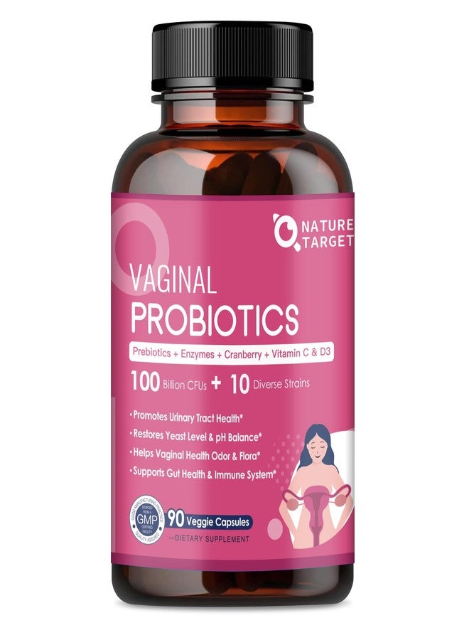 NATURE TARGET Vaginal Womens Probiotics, 100 Billion CFUs Probiotics & Prebiotics with Digestive Enzymes, Cranberry & D-Mannose - Supports pH Balance, Odor & Urinary Tract Health - 90 Capsules - Image 1
