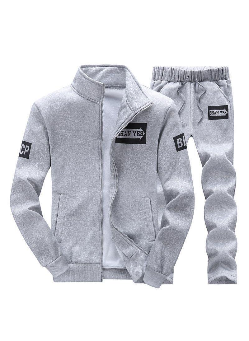 Generic Mens Long Sleeve Sports Suit Casual Track Set Grey D75 Spring and Autumn suit 