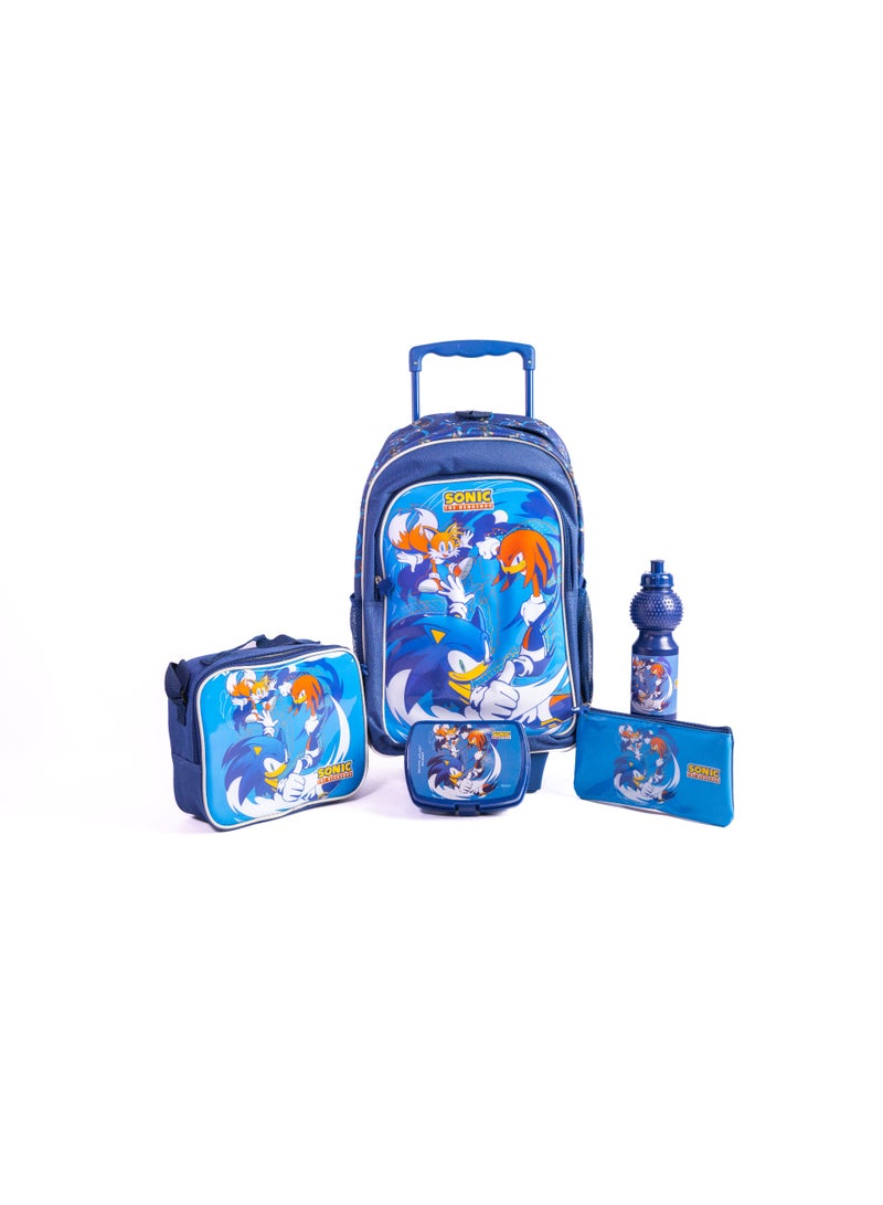 سونيك مجموعة حقيبة مدرسية بعجلات مقاس 18 بوصة من سونيك مع حقيبة غداء ومقلمة وزجاجة مياه وصندوق غداء - أزرق - Image 1