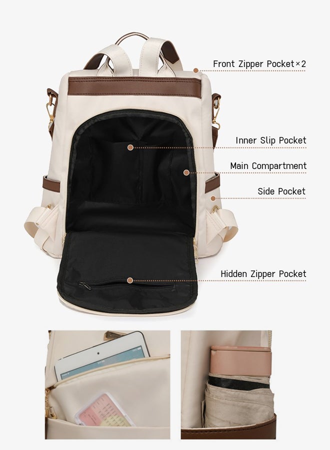 SHABILI Women Nylon Backpack Back Bag Shoulder School Tourist Duffel Tote with Large-Capacity Multi-Pocket Wear-Resistant Design, Ladies Teen Youth College Travel Casual Party Work Daypack Carryall (Beige) - Image 4