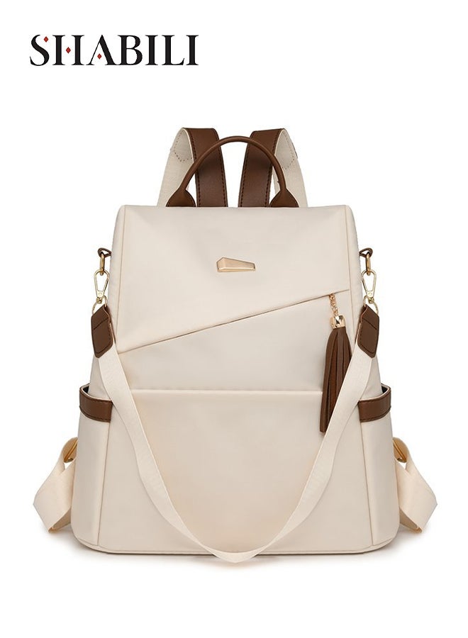 SHABILI Women Nylon Backpack Back Bag Shoulder School Tourist Duffel Tote with Large-Capacity Multi-Pocket Wear-Resistant Design, Ladies Teen Youth College Travel Casual Party Work Daypack Carryall (Beige) - Image 1