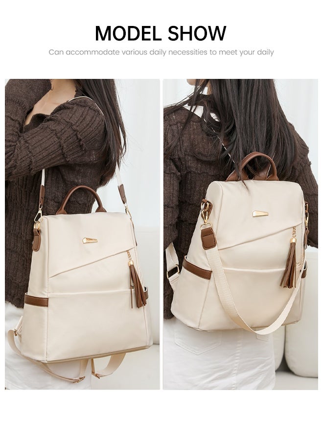 SHABILI Women Nylon Backpack Back Bag Shoulder School Tourist Duffel Tote with Large-Capacity Multi-Pocket Wear-Resistant Design, Ladies Teen Youth College Travel Casual Party Work Daypack Carryall (Beige) - Image 2