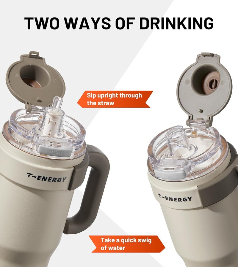 TKK 40 oz Insulated Tumblers with Handle and Straw, Stainless Steel Travel Mug with Ceramic Coating, Leak Proof Double Walled Iced Coffee Cup with Strainer for Hot & Cold Drinks, Beige - Image 3