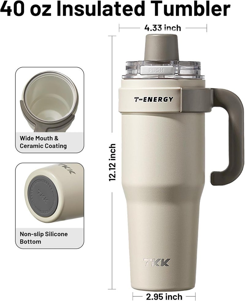 TKK 40 oz Insulated Tumblers with Handle and Straw, Stainless Steel Travel Mug with Ceramic Coating, Leak Proof Double Walled Iced Coffee Cup with Strainer for Hot & Cold Drinks, Beige - Image 5