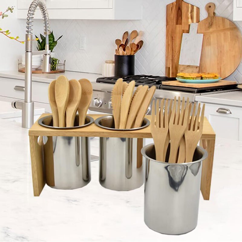 WSKC Flatware Caddy Stainless Steel Cutlery Holder With Wood Base - Image 2