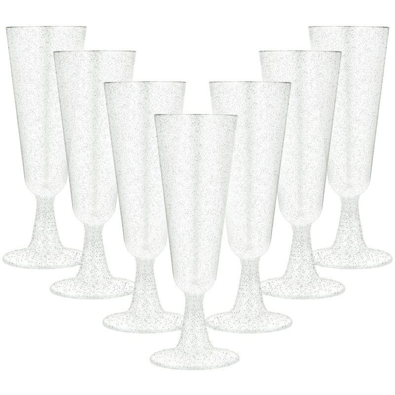 JMIATRY 100 Pcs Plastic Champagne Flutes 160ml56oz MultiUse Champagne Flutes Reusable Plastic Flutes Great for Wedding Christmas Birthday Party and Daily Use Silver Glitter