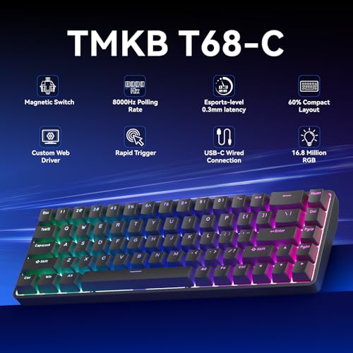 TMKB Technology Mechanical KeyBoard TMKB 60% Hall Effect Magnetic Mechanical Gaming Keyboard, 8K Hz, Web Driver No App, Rapid Trigger, Adjustable Actuation, RGB Balcklit, Wired Keyboard for PC Laptop Gamer, Black - Image 2