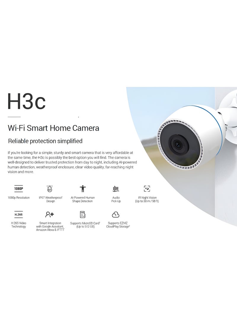 Security Camera H3c with 1080p 2MP Outdoor WiFi Camera CCTV for Home with IR Night Vision, AI Human Shape Detection, Weatherproof Design, Audio Pick-Up, Compatible with Alexa & Google Assistant