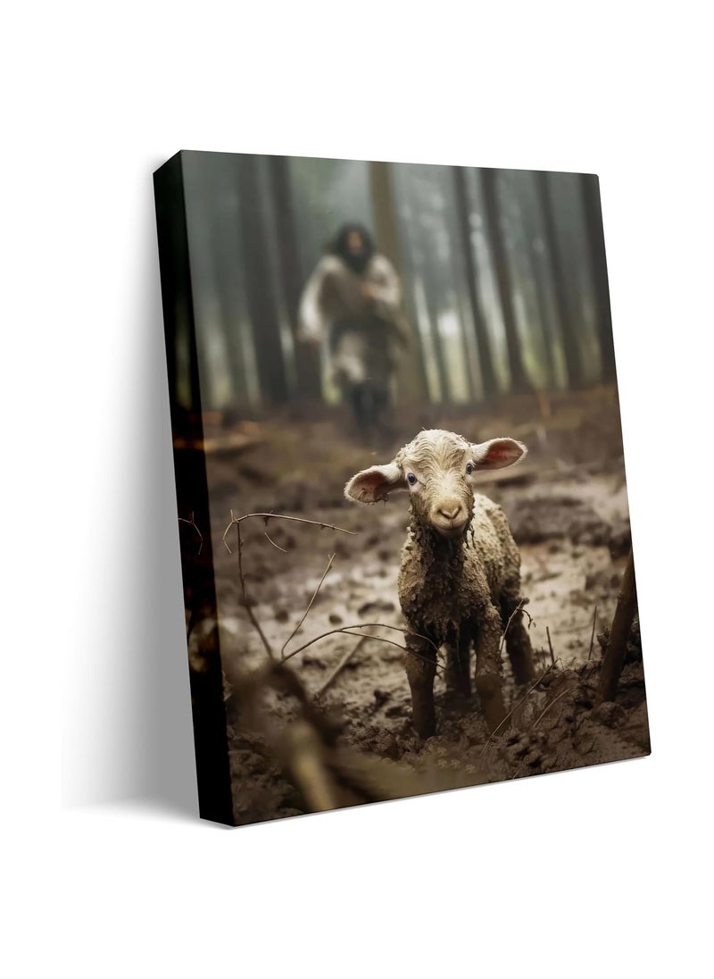 SYOSI Lamb Canvas Wall Art, (12x16 inch) Jesus Chasing Lost Lamb Picture Canvas Print of Lamb Home Decor Lamb Canvas Print Decorative Lamb Canvas Art Lamb Landscape Wall Art Canvas for Home Sea Lake Bedroom  - Image 1