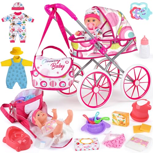 Dreamon Baby Doll Stroller Toy Set with 125 Doll Diaper Changing 2 Doll Clothes Pacifier Storage Bag Baby Doll Accessories and Toy Baby Stroller for Girls Toddlers 35 46 57 Gifts for Pretend Play - Image 1