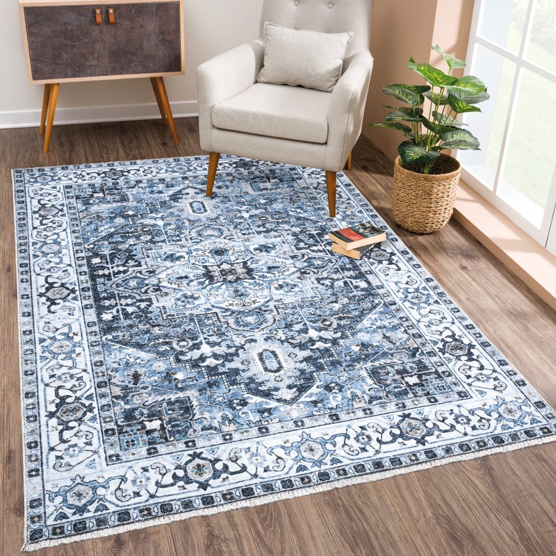 Bloom Rugs Caria قابلة للانزلاق 5x7 سجادة - سجادة المنطقة التقليدية الأزرق الغرفة لغرفة المعيشة غرفة الطعام والمطبخ - الحجم الدقيق: 5 "× 7" - Image 1