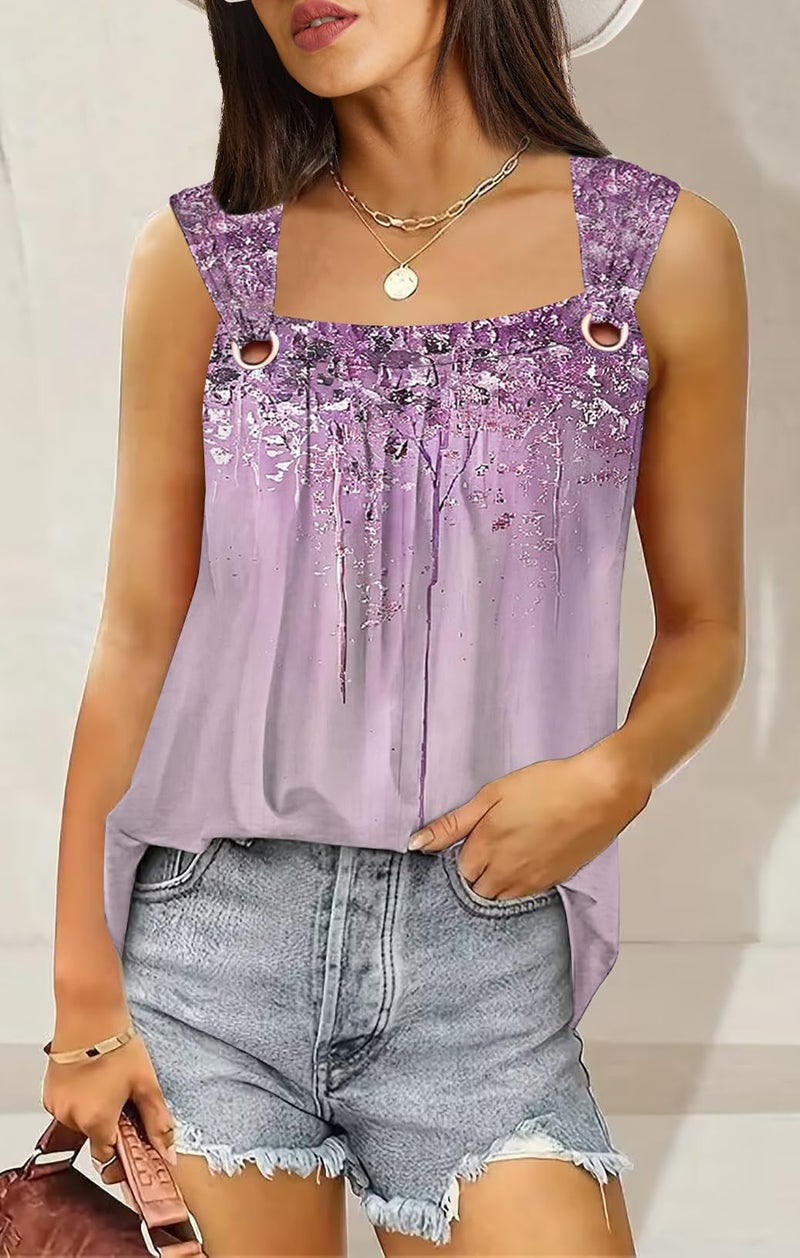 SAUKOLE Womens Sleeveless Pleated Square Neck Tank Tops Trendy Lace Shirts Summer Causal Tee Tops - Image 3