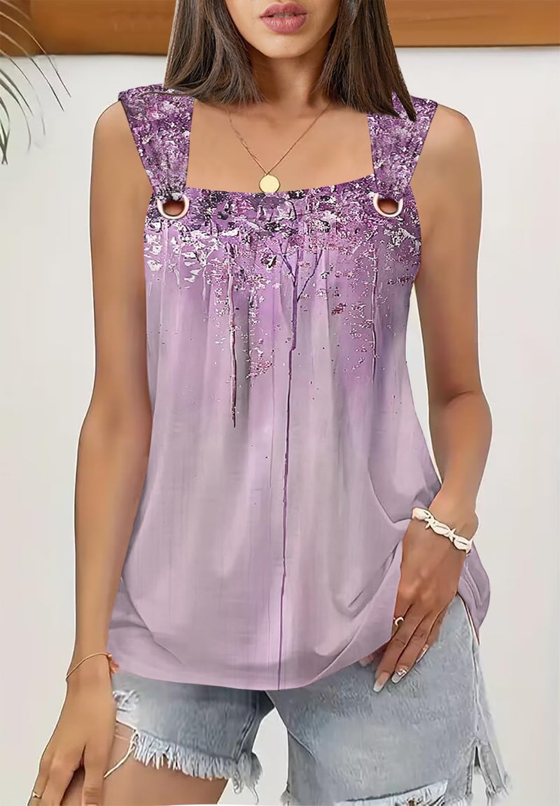 SAUKOLE Womens Sleeveless Pleated Square Neck Tank Tops Trendy Lace Shirts Summer Causal Tee Tops - Image 2