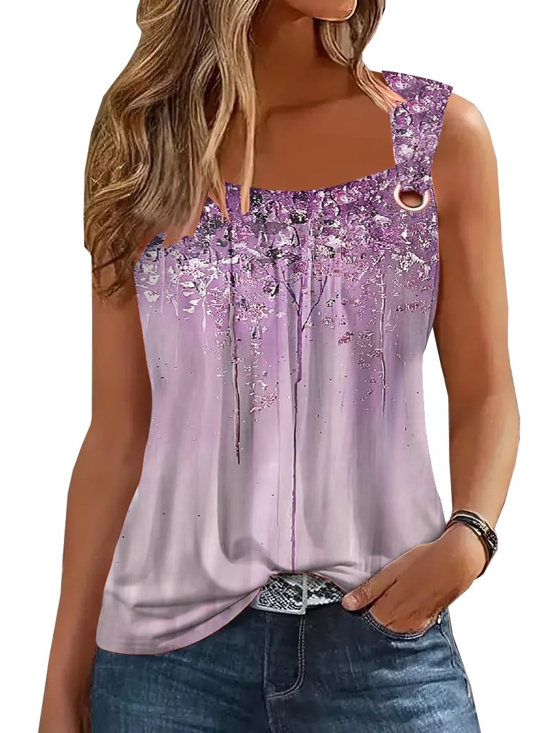 SAUKOLE Womens Sleeveless Pleated Square Neck Tank Tops Trendy Lace Shirts Summer Causal Tee Tops - Image 1