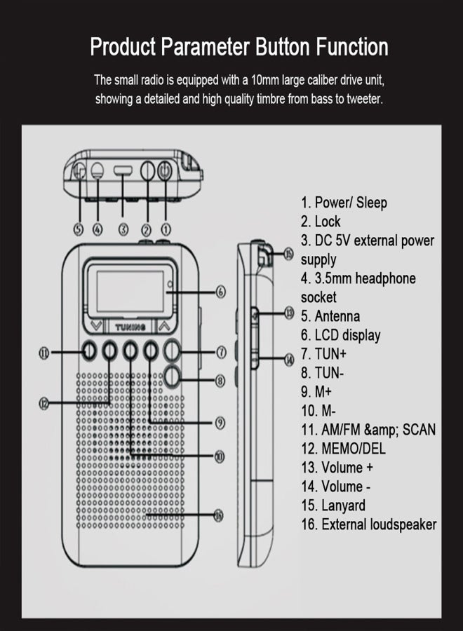 HRD-104 Portable AM/ FM Stereo Radio Pocket 2-Band Digital Tuning Radio Mini Receiver Outdoor Radio w/ Earphone Lanyard 1.3 Inch LCD Display Screen - Image 3