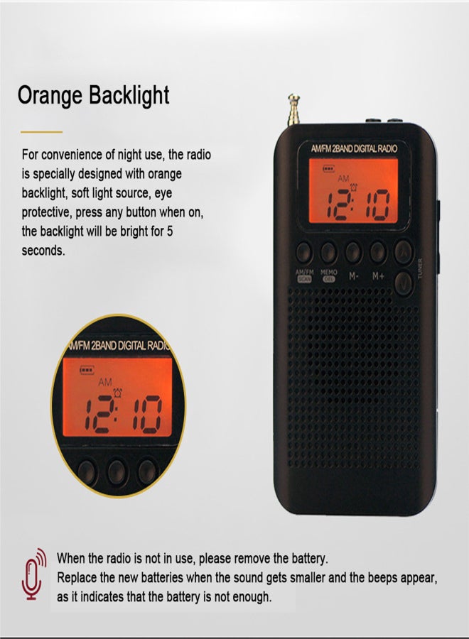 HRD-104 Portable AM/ FM Stereo Radio Pocket 2-Band Digital Tuning Radio Mini Receiver Outdoor Radio w/ Earphone Lanyard 1.3 Inch LCD Display Screen - Image 5