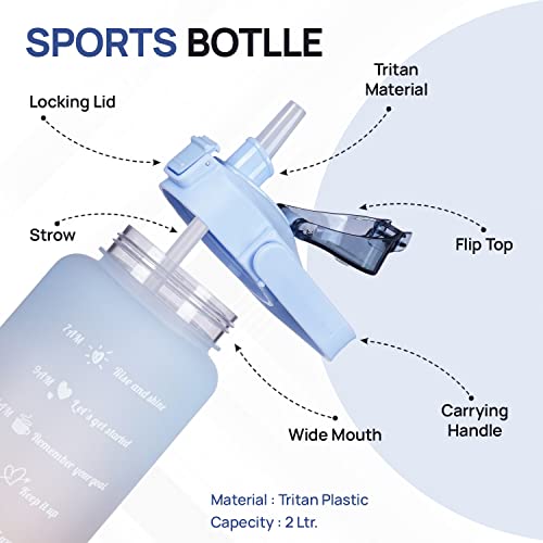 SKYTONE® Water Bottle For Office, Gym, Travel, Sports Leakproof 2 Liter Bottle With BPA-Free Plastic Included Silicone Pipe (Purple) (Blue) - Image 2