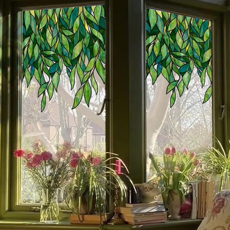 ChicSkin Original Hand Drawn Faux Stained Glass Window Hanging Clingsï¼ŒDouble Sided See Through Green Leaves Window Film for Living Room,Glass Front Door, Emerald Leaves Sticker 22.83"X61.02" - Image 1